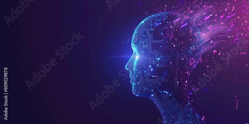 Artificial Intelligence concept with blue glowing digital human head silhouette on dark purple background vector illustration design ,8k