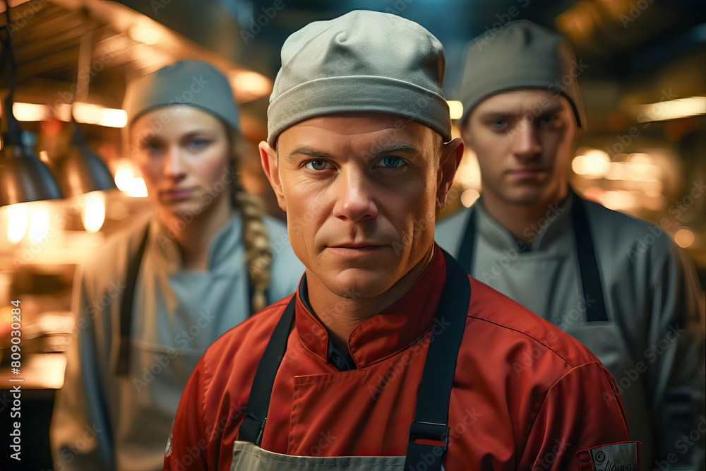 Obraz premium Portrait of a cuisine standing with his team in the kitchen of a restaurant. cooking concept