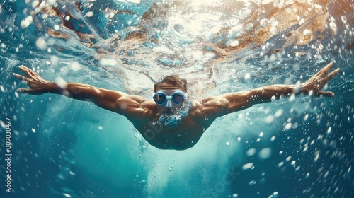 male athlete swimmer competing. wearing a swim cap and goggles. water sports