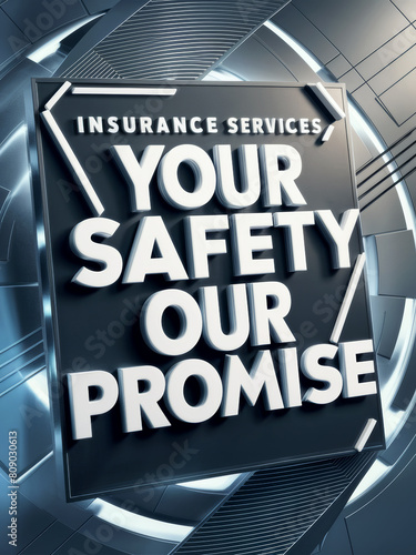 Modern 3D insurance advertisement featuring bold letters 'YOUR SAFETY OUR PROMISE' set against a sleek, futuristic background. photo