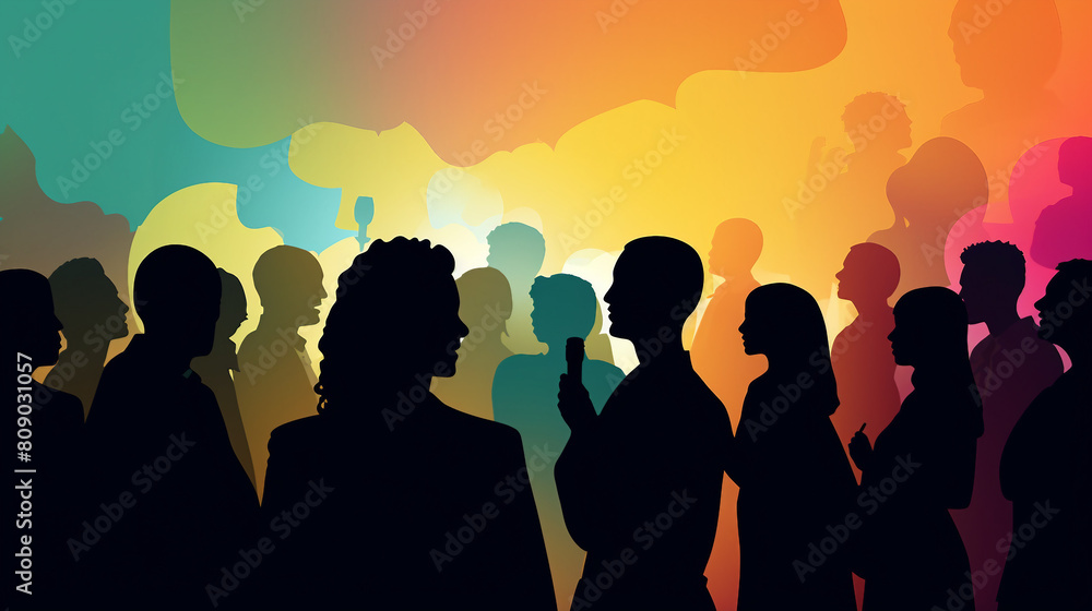 Diverse Community Engaged in Dialogue, Colored Silhouette Profiles, Social Interaction Concept 