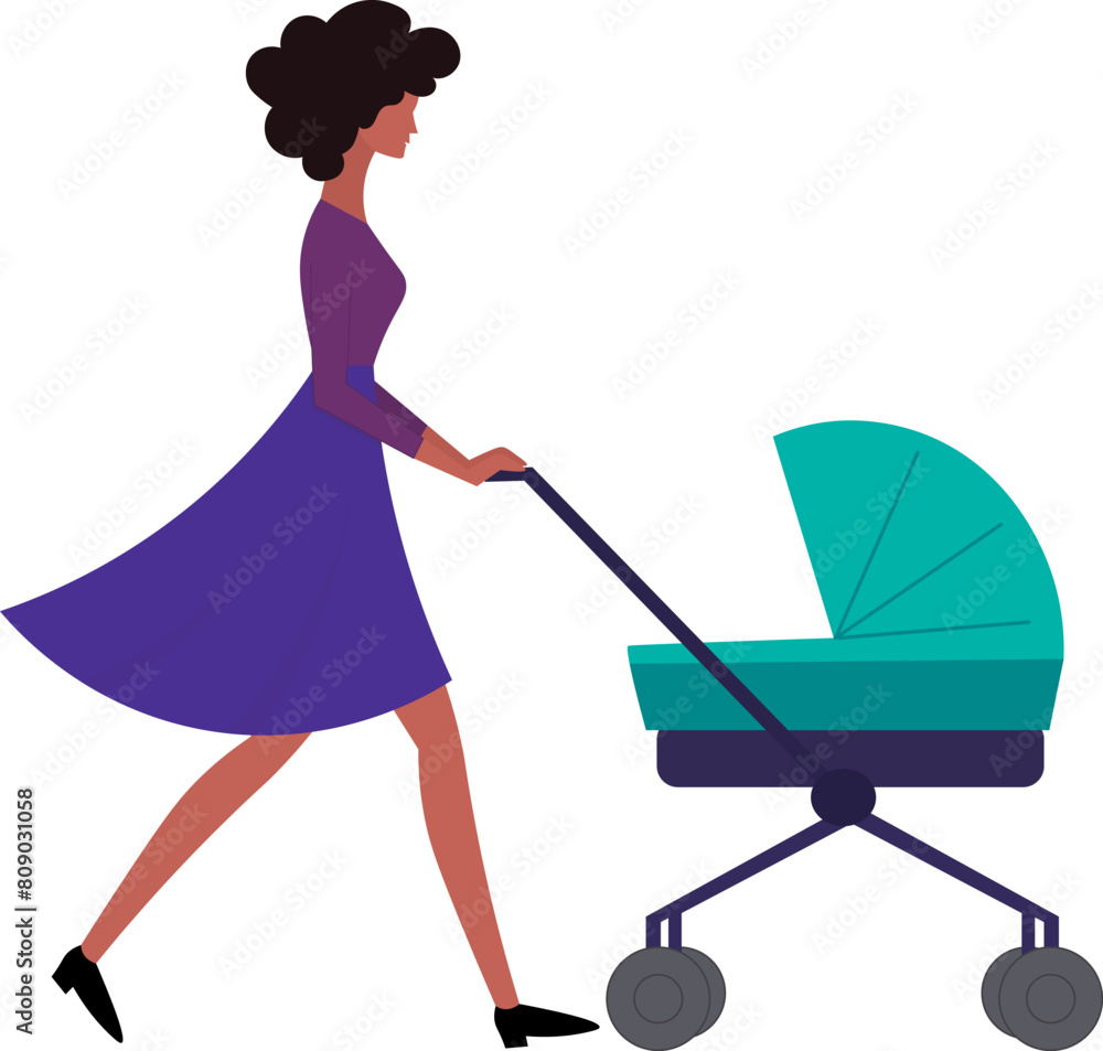 Drawing of a woman with a baby stroller, and a baby walking