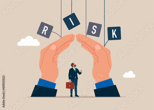 Hands protects businessman against risk. Protection, safety, protection Idea. Vector flat illustration