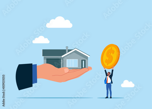 Buyer gives gold coin. Buying house. Agent of real estate holding in hand house. Vector illustration