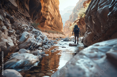 A man is walking through a canyon with a backpack on. The canyon is filled with water and rocks