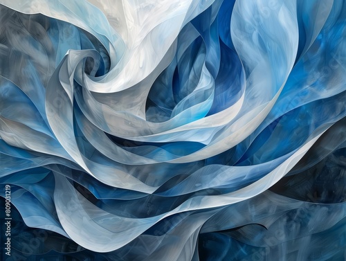 An ethereal dreamscape of swirling blue and white hues. The soft, feathery strokes of paint create a sense of movement and depth, drawing the viewer into the heart of the storm.