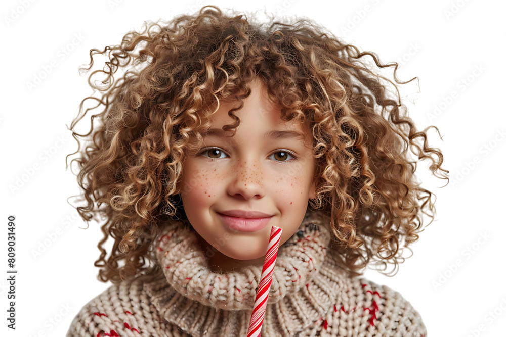 Amusing cute curly girl making funny face using candy cane on isolated transparent background Amusing cute curly girl making funny face using candy cane on isolated transparent background