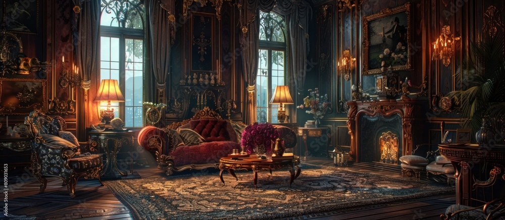 Opulent Victorian Era Sitting Room with Glowing Antique Lamp Illuminating Ornate Furnishings