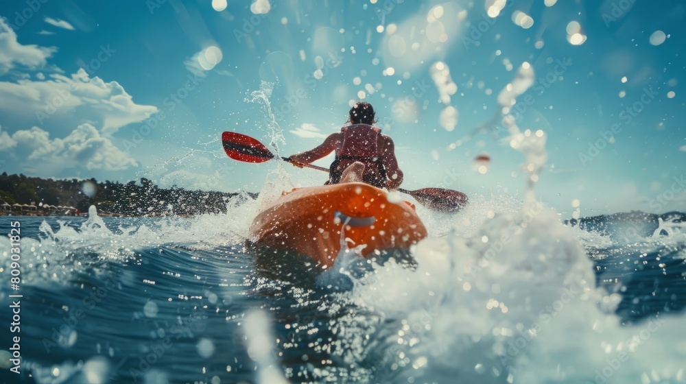 Fototapeta premium A man is riding on top of a red boat in the ocean.
