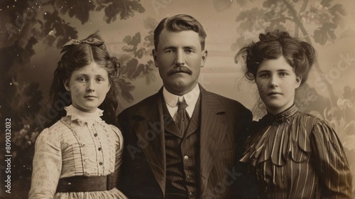 old photograph of a traditional family in good condition, black and white in high resolution and high quality. concept old photography, family, traditional, father