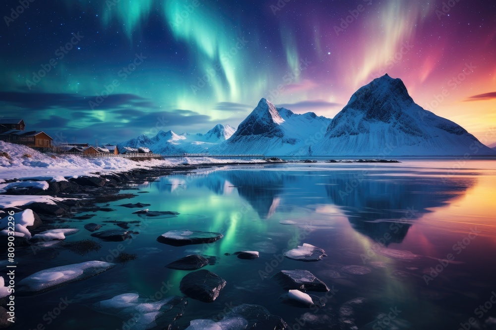 Aurora. Breathtaking Northern Lights Over Snow-Capped Mountains and Serene Arctic Lake.