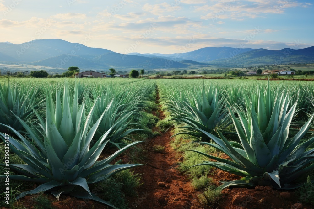 Majestic Agave Plantation at Sunrise in a Serene Mountainous Landscape. Majestic Agave Plantation at Sunrise in a Serene Mountainous Landscape.