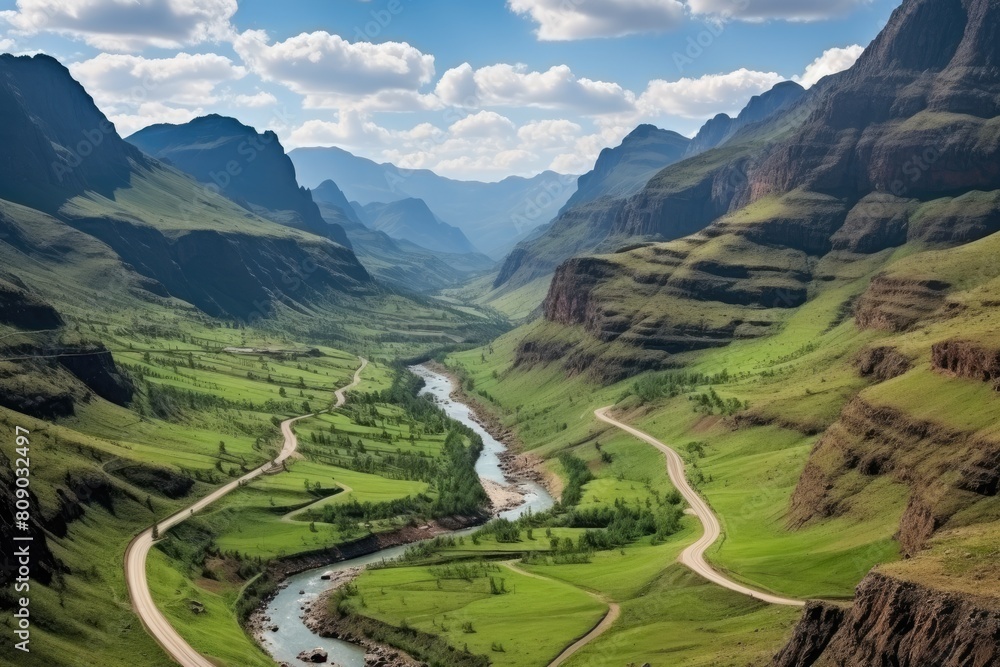 Lesotho landscape. Breathtaking Aerial View of Serpentine River through Green Mountain Valley.