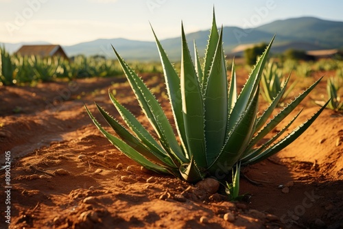 Vibrant Blue Agave Plantation at Sunset with Mountain Background.