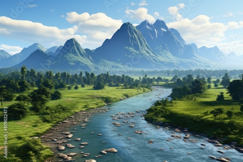 Laos landscape. Serene Mountain Landscape with Flowing River and Lush Greenery.