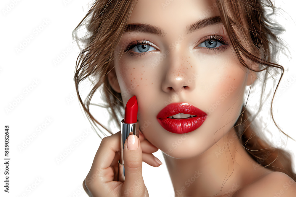 Close-up portrait of elegant woman with red lips holding lipstick on isolated transparent background Close-up portrait of elegant woman with red lips holding lipstick on isolated transparent background