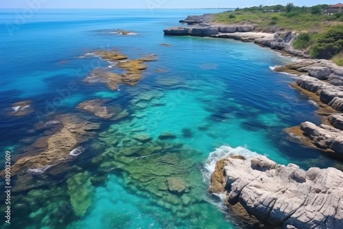 Mexico landscape. Serene Coastal Landscape with Clear Blue Waters and Rocky Shores.