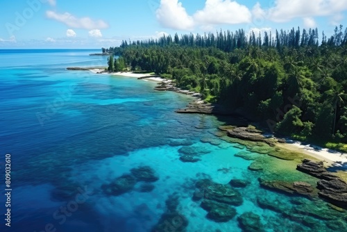 Marshall islands landscape. Stunning Aerial View of Tropical Island Shoreline with Clear Turquoise Waters.