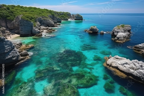 Mexico landscape. Serene Coastal Landscape with Turquoise Waters and Rocky Cliffs.
