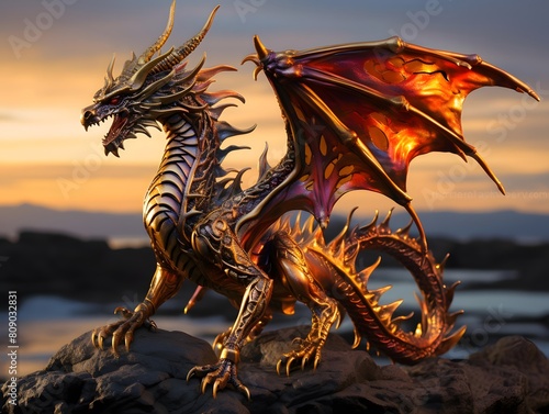 dragon on the rock at sunset. 3d render. fantasy dragon