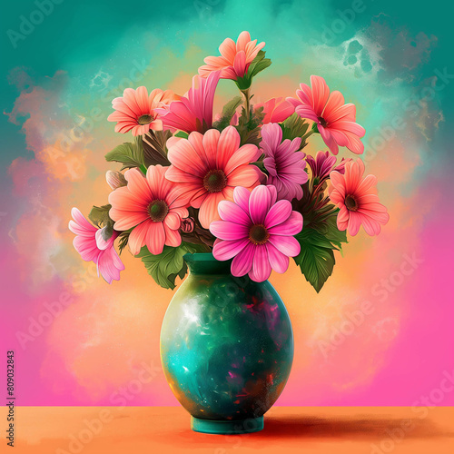 there is a painting of a vase with flowers in it