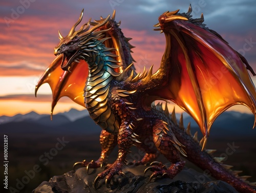 dragon on the rock at sunset. 3d illustration of fantasy dragon