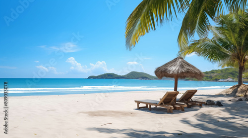 there are two lounge chairs on the beach under a thatched umbrella © PNG Pix