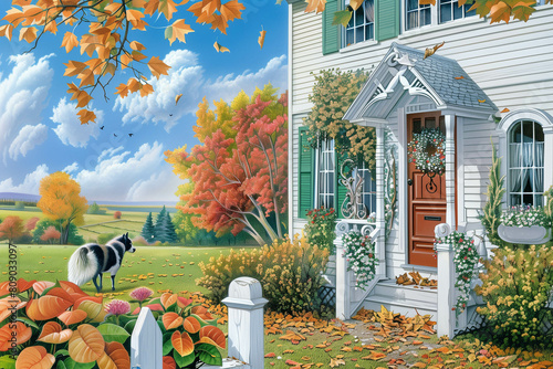 painting of a dog standing in front of a house in the fall