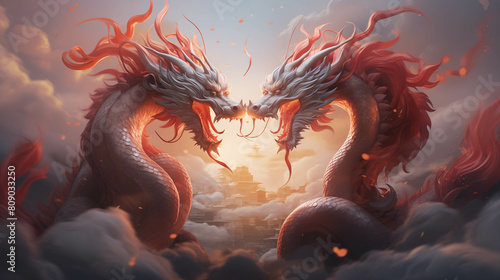 there is a dragon that is touching another dragons head photo