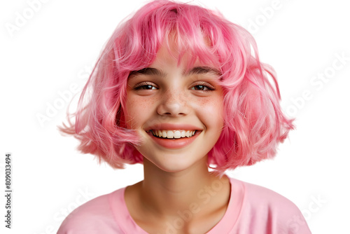 Close-up portrait of young girl wearing pink wig and shirt on isolated transparent background