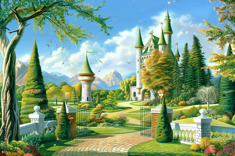 Naklejka premium painting of a castle with a gate and a pathway leading to it