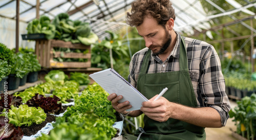 A farmer writing notes in his notebook while standing among greenery growing inside a greenhouse