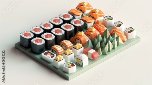 Geometric Sushi Platter  A stylish portrait of sushi rolls and sashimi pieces  each piece constructed from precise geometric shapes  showcasing a modern artistic take on traditional Japanese cuisine