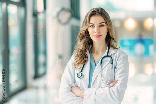 Doctor Portrait: photography of a doctor / surgeon / pharmacist standing in hospital, with blurred background. 
