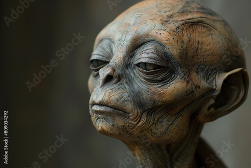 Close-up image showcasing a realistic alien sculpture with intricate skin textures