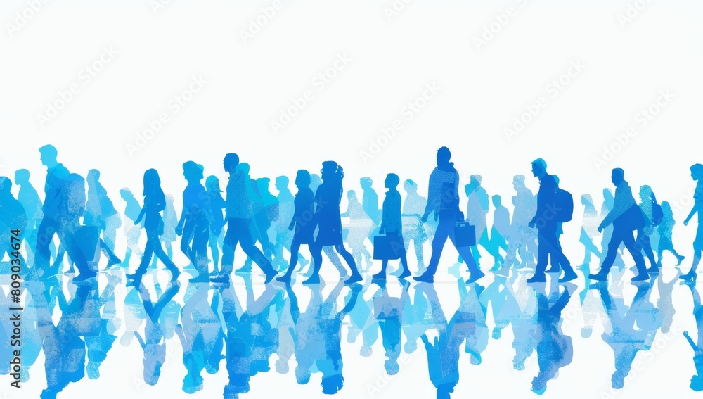 crowd silhouettes walking in the same direction, isolated on a white background, with blue colors Generative AI crowd silhouettes walking in the same direction, isolated on a white background, with blue colors Generative AI