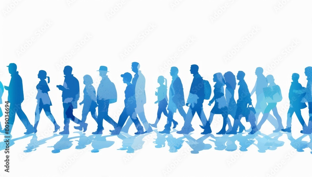 crowd silhouettes walking in the same direction, isolated on a white background, with blue colors Generative AI crowd silhouettes walking in the same direction, isolated on a white background, with blue colors Generative AI