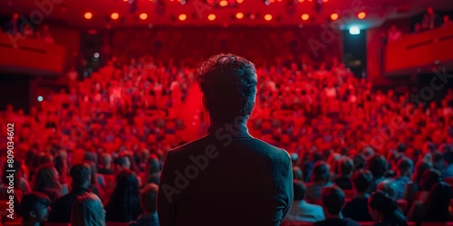 electric atmosphere of a dynamic event where a silhouetted speaker stands on an illuminated stage