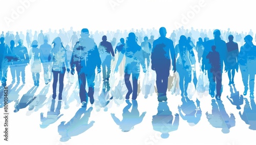 A large group of people walking in the same direction blue colors on a white background Generative AI photo