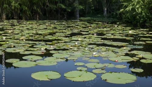 A serene pond with lily pads floating on the surfa © Shifa