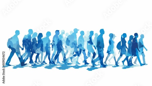 crowd silhouettes walking towards the same direction, in blue colors on a white background Conceptual representation for human development or social behavior Generative AI © SKIMP Art