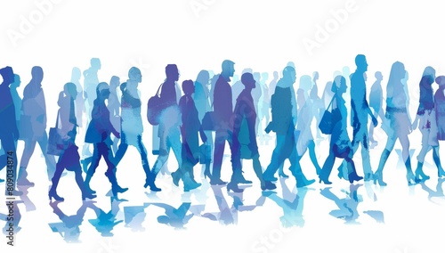 crowd silhouettes walking towards the same direction, in blue colors on a white background Conceptual representation for human development or social behavior Generative AI photo