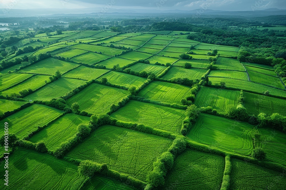 Fototapeta premium Image highlighting the geometric beauty of farming fields in a lush green landscape