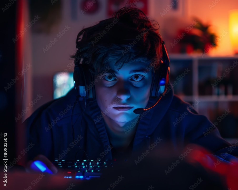 A young man is playing a video game with a headset on. He is wearing a blue hoodie and is looking at the screen A young man is playing a video game with a headset on. He is wearing a blue hoodie and is looking at the screen