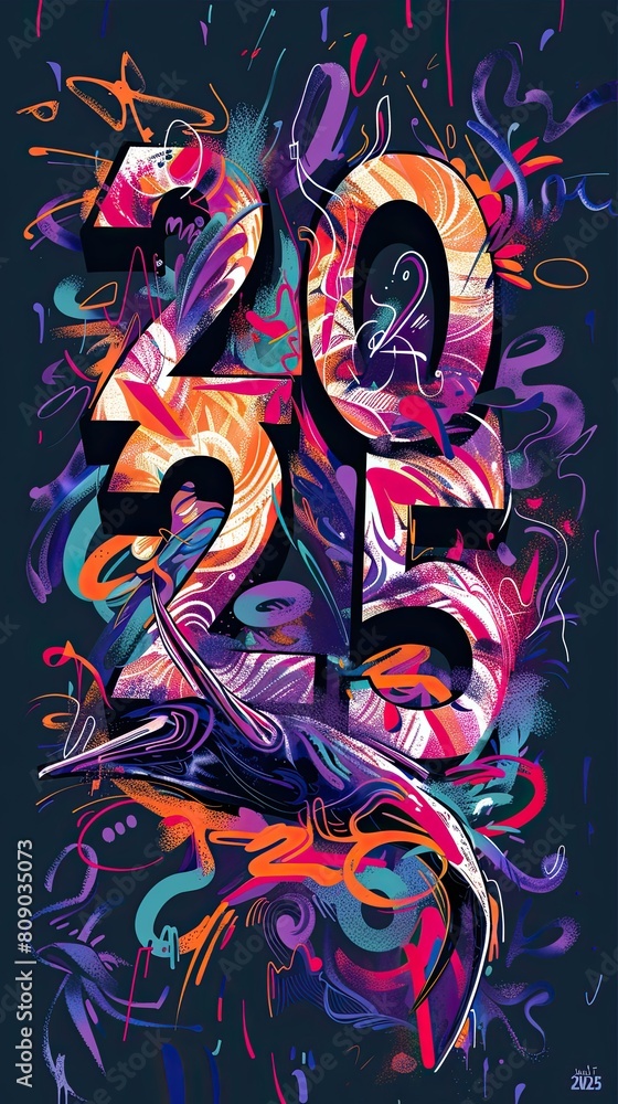 Obraz premium A vibrant, abstract graffiti-style artwork with the numbers 2015 featured prominently