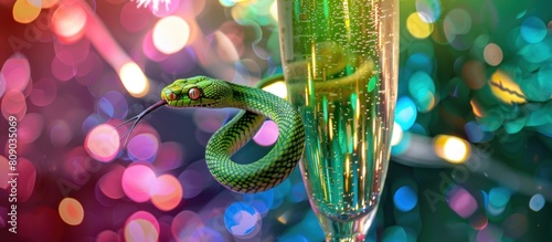 A green snake slithers out of a champagne glass against a festive, colorful background photo