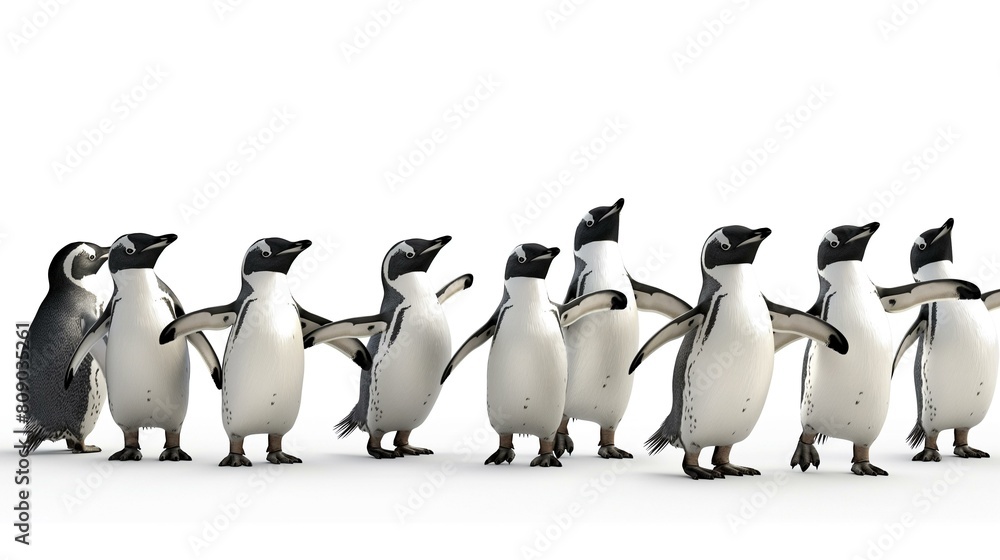 Obraz premium Charming Line of Penguins Performing a Synchronized Kick Dance on a White Background