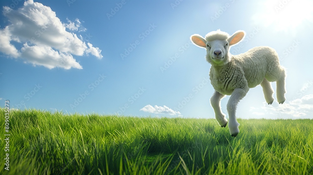 Energetic Young Lamb Springing Joyfully Across a Lush Green Field Under a Clear Blue Sky
