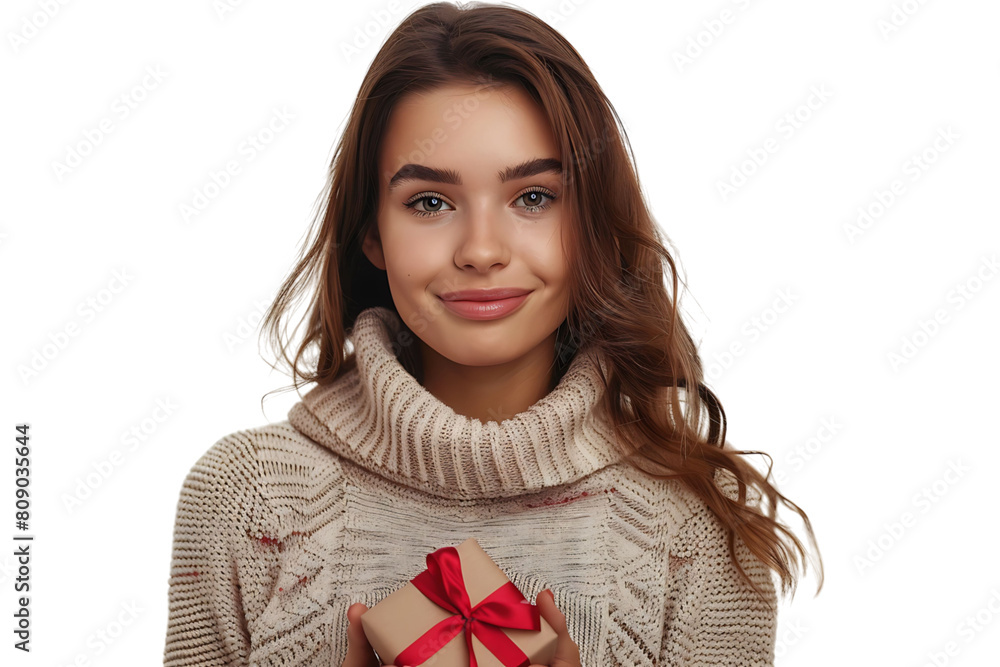 Happy young woman with Christmas gift on isolated transparent background Happy young woman with Christmas gift on isolated transparent background