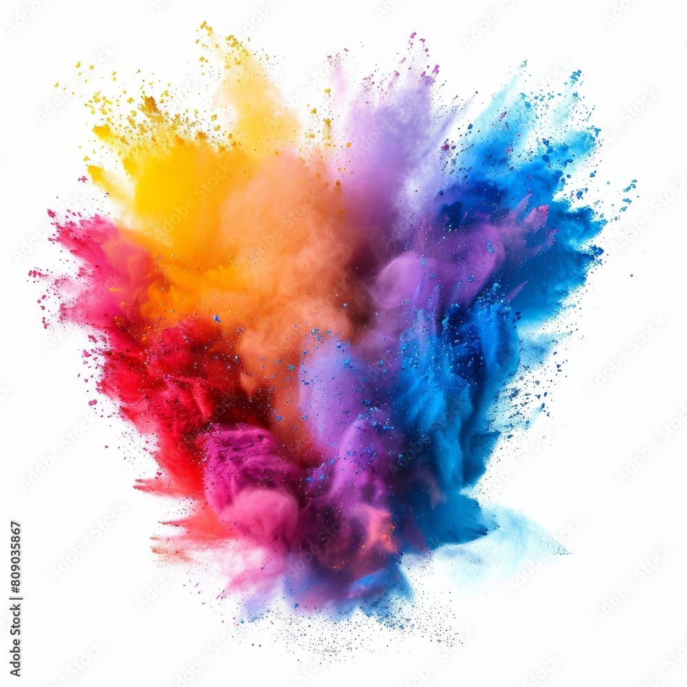Vibrant spectrum of colors burst from holi powder creating a stunning explosion against a clean white backdrop.